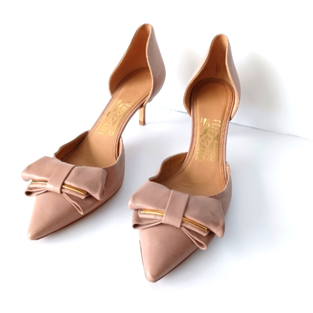 Salvatore Ferragamo Pink Rietta Pointed Toe Bow Kitten Heels 7